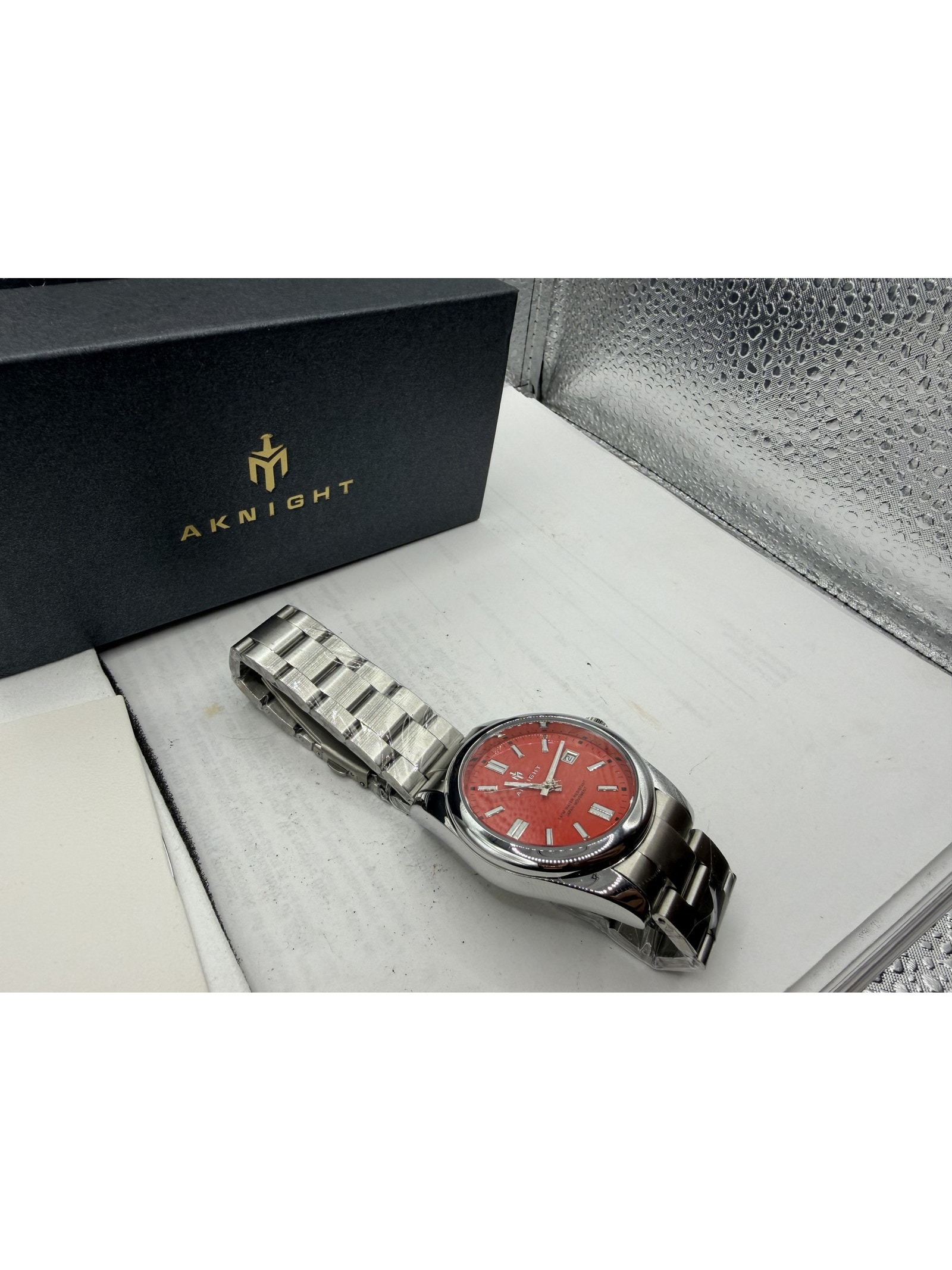 Aknight Red Dial Fluted Bezel Stainless Steel Automatic Mens Wristwatch New